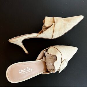 Charles David Neutral Tan Fabric Big Buckle Kitten Heel Mule Sandals